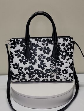 Michael Kors "Sheila" Black & White Floral Sequins Crossbody Satchel Contrasting